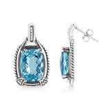 .925 Sterling Silver 14x10MM Cushion Cut Blue Topaz Gemstone and Diamond Accent Dangle Earring (I-J Color, I1-I2 Clarity)-1 thumbnail 2