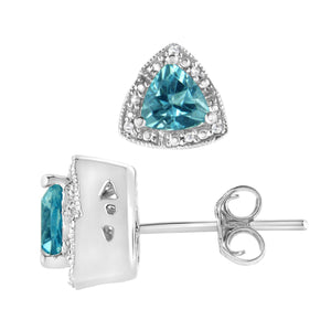 .925 Sterling Silver 6x6 mm Trillion Cut Blue Topaz Gemstone and Diamond Accent Stud Earring (I-J Color, I1-I2 Clarity)-1