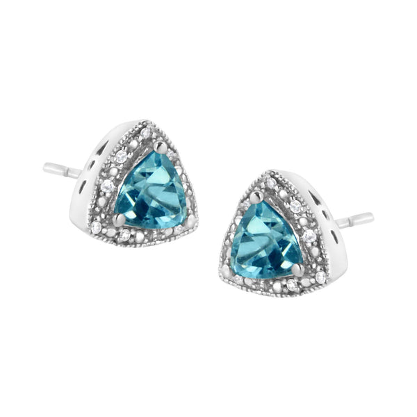 .925 Sterling Silver 6x6 mm Trillion Cut Blue Topaz Gemstone and Diamond Accent Stud Earring (I-J Color, I1-I2 Clarity)