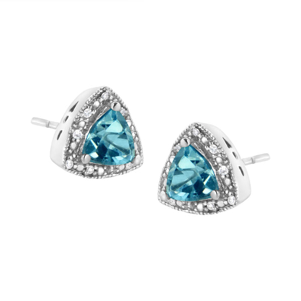 .925 Sterling Silver 6x6 mm Trillion Cut Blue Topaz Gemstone and Diamond Accent Stud Earring (I-J Color, I1-I2 Clarity)