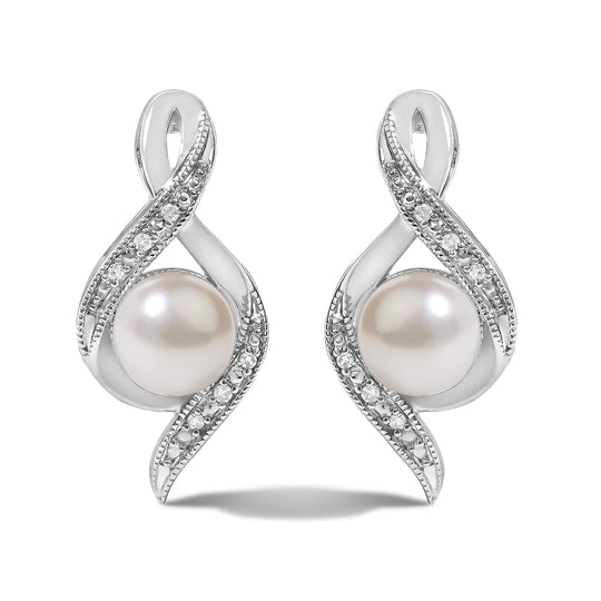 Sterling Silver White Freshwater Cultured Pearl and Diamond Accent Twist Stud Earrings