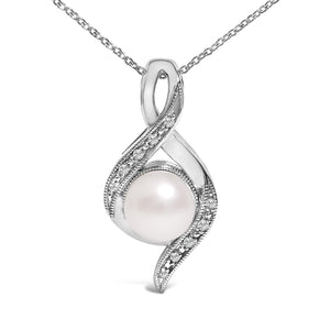 Sterling Silver 7mm Cultured Pearl and Diamond Accent Swirl Pendant Necklace-1