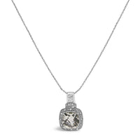 Sterling Silver Cushion Gray Green Amethyst and Diamond Accent Halo Pendant Necklace