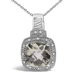 Sterling Silver Cushion Gray Green Amethyst and Diamond Accent Halo Pendant Necklace-1 thumbnail 2