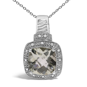 Sterling Silver Cushion Gray Green Amethyst and Diamond Accent Halo Pendant Necklace-1
