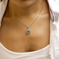 Sterling Silver Cushion Gray Green Amethyst and Diamond Accent Halo Pendant Necklace