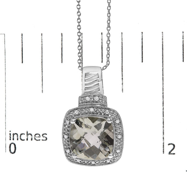 Sterling Silver Cushion Gray Green Amethyst and Diamond Accent Halo Pendant Necklace