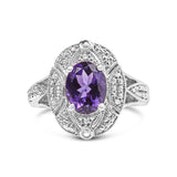 925 sterling silver ring with oval amethyst and round diamond accent stones thumbnail 1
