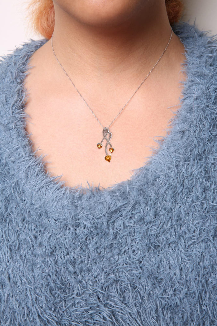 .925 Sterling Silver 3-Stone Heart Shape Citrine and Diamond Accent Spiral Drop 18
