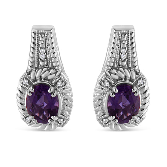 .925 Sterling Silver 8x6 MM Natural Oval Purple Amethyst Gemstone and Diamond Accent Art Deco Style Drop and Dangle Earrings (I-J Color, I1-I2 Clarity)-0