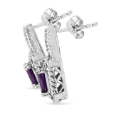 .925 Sterling Silver 8x6 MM Natural Oval Purple Amethyst Gemstone and Diamond Accent Art Deco Style Drop and Dangle Earrings (I-J Color, I1-I2 Clarity)-1 thumbnail 2