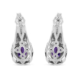 .925 Sterling Silver 8x6 MM Natural Oval Purple Amethyst Gemstone and Diamond Accent Art Deco Style Drop and Dangle Earrings (I-J Color, I1-I2 Clarity)-3 thumbnail 4
