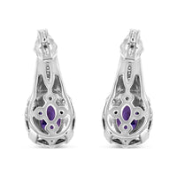 .925 Sterling Silver 8x6 MM Natural Oval Purple Amethyst Gemstone and Diamond Accent Art Deco Style Drop and Dangle Earrings (I-J Color, I1-I2 Clarity)