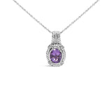 925 sterling silver drop pendant necklace with oval amethyst and round diamond accents thumbnail 1