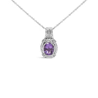 .925 Sterling Silver 9x7mm Oval Purple Amethyst and Round Diamond Accent Fashion Drop Pendant 18 Inch Necklace (I-J Color, I1-I2 Clarity)