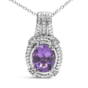 .925 Sterling Silver 9x7mm Oval Purple Amethyst and Round Diamond Accent Fashion Drop Pendant 18 Inch Necklace (I-J Color, I1-I2 Clarity)-1