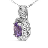 .925 Sterling Silver 9x7mm Oval Purple Amethyst and Round Diamond Accent Fashion Drop Pendant 18 Inch Necklace (I-J Color, I1-I2 Clarity)-3 thumbnail 4