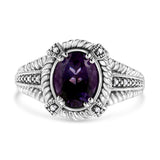 .925 Sterling Silver 9X7 Oval MM Purple Amethyst Solitaire and Diamond Accent Ring-1 thumbnail 2