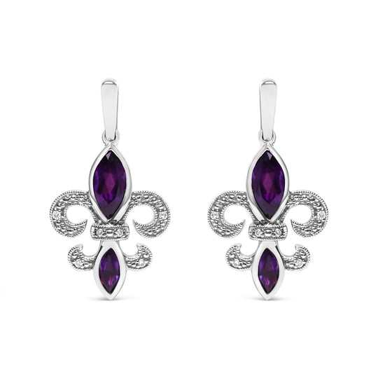 .925 Sterling Silver Marquise Cut Amethyst and Diamond Accent Fleur De Lis Dangle Stud Earrings (H-I Color, SI1-SI2 Clarity)-0
