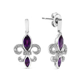 .925 Sterling Silver Marquise Cut Amethyst and Diamond Accent Fleur De Lis Dangle Stud Earrings (H-I Color, SI1-SI2 Clarity)-1 thumbnail 2