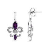 .925 Sterling Silver Marquise Cut Amethyst and Diamond Accent Fleur De Lis Dangle Stud Earrings (H-I Color, SI1-SI2 Clarity)-3 thumbnail 4
