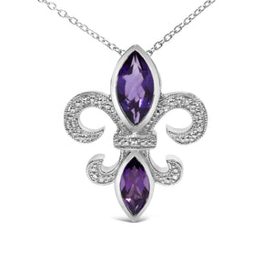 .925 Sterling Silver Purple Amethyst Marquise and Diamond Accent Fleur De Lis Pendant Necklace (H-I Color, SI1-SI2 Clarity) - Size 18