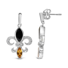 .925 Sterling Silver Marquise Cut Onyx and Citrine with Diamond Accent Fleur De Lis Drop Stud Earrings (H-I Color, SI1-SI2 Clarity)-3