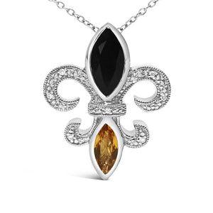 .925 Sterling Silver Marquise Onyx and Citrine and Diamond Accent Fleur De Lis Pendant Necklace (H-I Color, SI1-SI2 Clarity) - 18