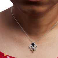 .925 Sterling Silver Marquise Onyx and Citrine and Diamond Accent Fleur De Lis Pendant Necklace (H-I Color, SI1-SI2 Clarity) - 18