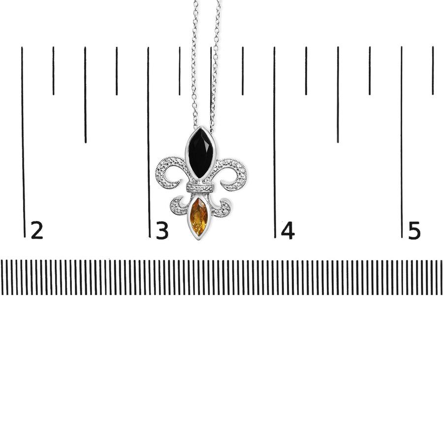 .925 Sterling Silver Marquise Onyx and Citrine and Diamond Accent Fleur De Lis Pendant Necklace (H-I Color, SI1-SI2 Clarity) - 18