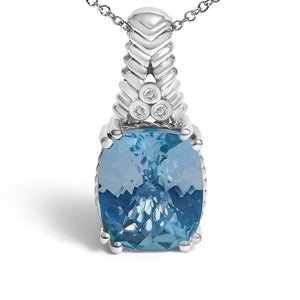 .925 Sterling Silver Blue Topaz and Diamond Accent Textured Pendant Necklace - 18