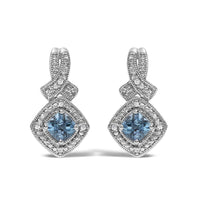 Sterling Silver Cushion Cut Blue Topaz and Diamond Accent Twist Motif Dangle Earrings