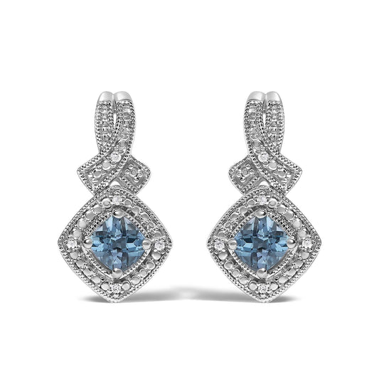 Sterling Silver Cushion Cut Blue Topaz and Diamond Accent Twist Motif Dangle Earrings-0