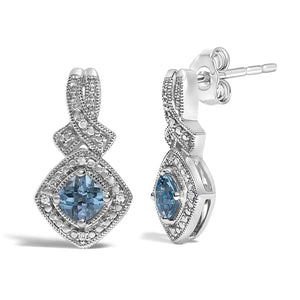 Sterling Silver Cushion Cut Blue Topaz and Diamond Accent Twist Motif Dangle Earrings-1