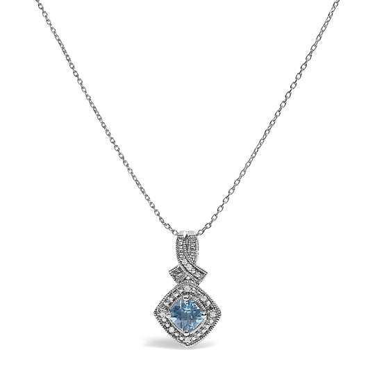 .925 Sterling Silver 5x5 mm Blue Topaz and Diamond Accent Cushion Pendant Necklace