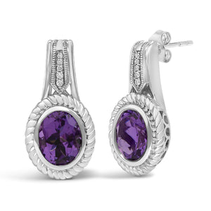 Sterling Silver Oval Purple Amethyst and Diamond Accent Rope Design Drop Earrings-1