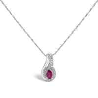 .925 Sterling Silver Red Ruby and Diamond Accent Milgrain Swirl Pendant Necklace - 18