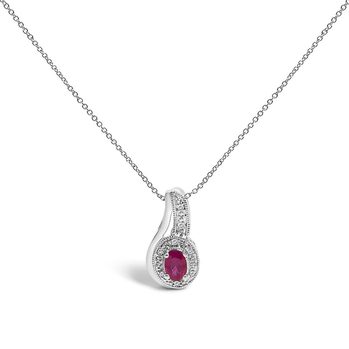 .925 Sterling Silver Red Ruby and Diamond Accent Milgrain Swirl Pendant Necklace - 18
