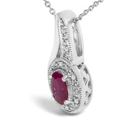 .925 Sterling Silver Red Ruby and Diamond Accent Milgrain Swirl Pendant Necklace - 18