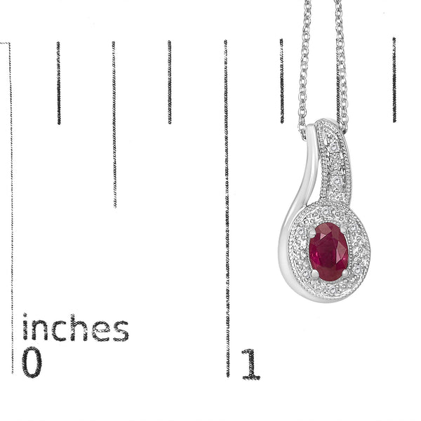 .925 Sterling Silver Red Ruby and Diamond Accent Milgrain Swirl Pendant Necklace - 18