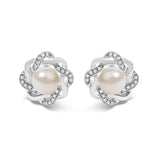 Sterling Silver Pearl and 1/10 Cttw Diamond Floral Twist Stud Earrings-0 thumbnail 1