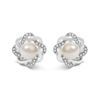 Sterling Silver Pearl and 1/10 Cttw Diamond Floral Twist Stud Earrings