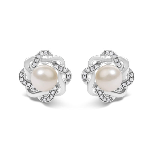 Sterling Silver Pearl and 1/10 Cttw Diamond Floral Twist Stud Earrings-0