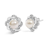 Sterling Silver Pearl and 1/10 Cttw Diamond Floral Twist Stud Earrings-1 thumbnail 2