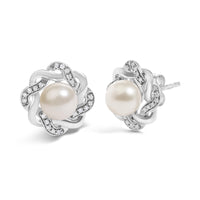 Sterling Silver Pearl and 1/10 Cttw Diamond Floral Twist Stud Earrings