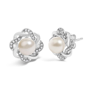Sterling Silver Pearl and 1/10 Cttw Diamond Floral Twist Stud Earrings-1