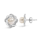 Sterling Silver Pearl and 1/10 Cttw Diamond Floral Twist Stud Earrings-3 thumbnail 4