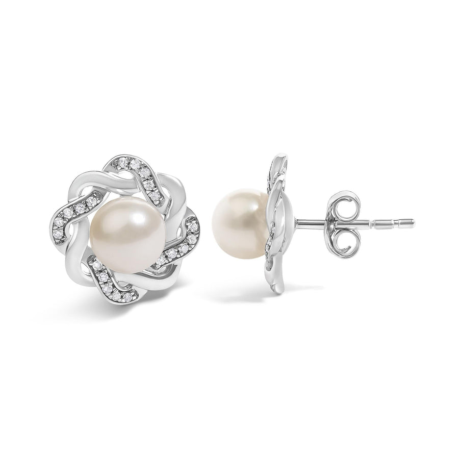 Sterling Silver Pearl and 1/10 Cttw Diamond Floral Twist Stud Earrings