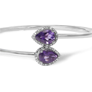 .925 Sterling Silver 8 x 5.5mm Pear Shape Amethyst  and Diamond Accent Halo Bypass Bangle Bracelet (H-I Color, SI1-SI2 Clarity)  - Fits up to 7