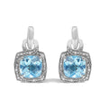 925 sterling silver earrings with cushion cut blue topaz and diamond stones